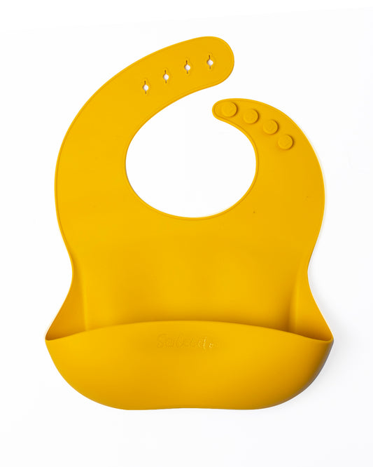 BABERO DE SILICON CON CANASTILLA ANTI DERRAMES / MOSTAZA